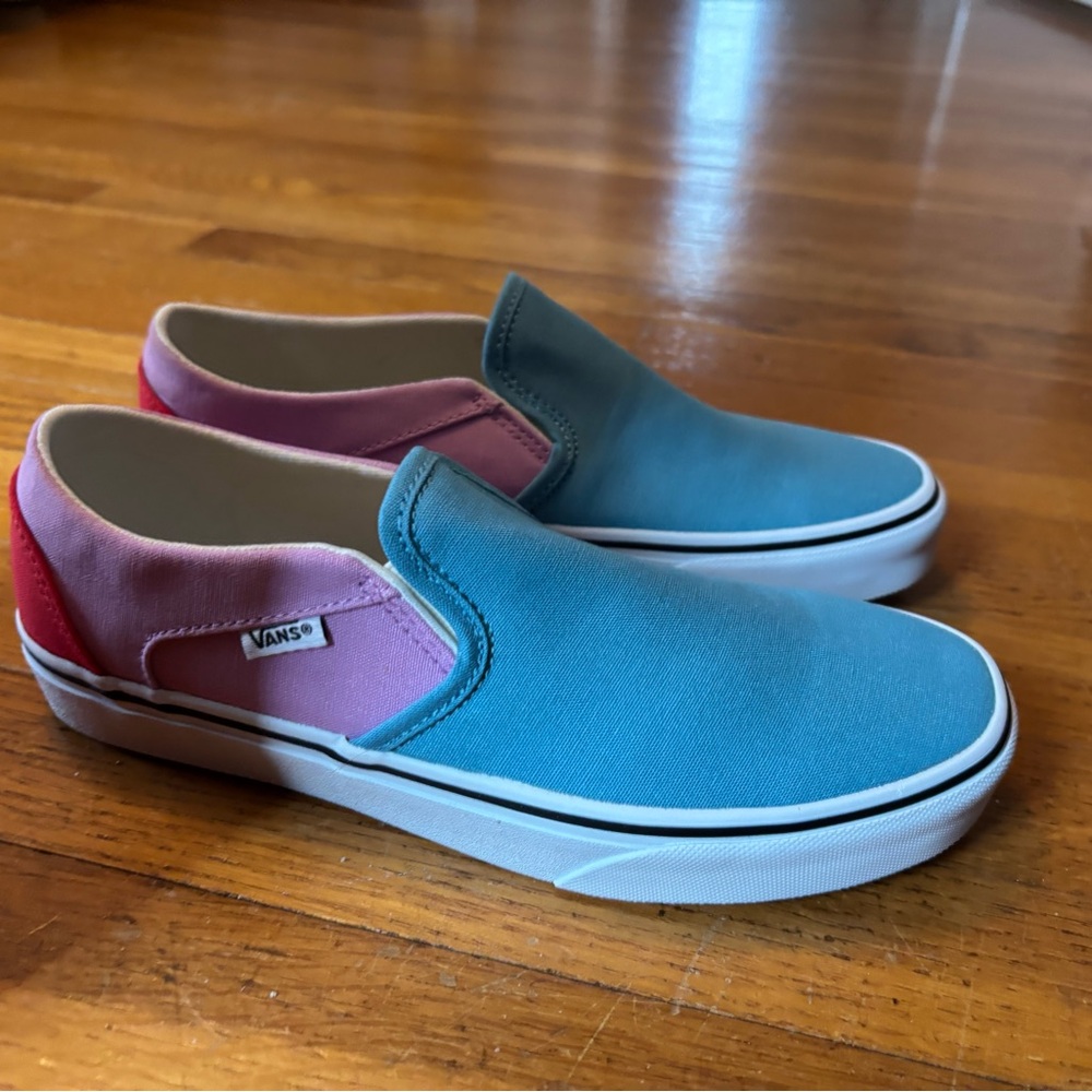 Asher Vans slip on shoe. Size 8-pastel blue top-pastel pink sides-red back.